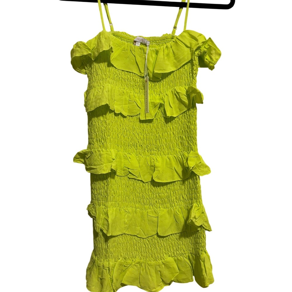 Olivaceous Mini Dress Womens L Neon Lime Green Smocked Tiered Ruffle Bodycon NEW
